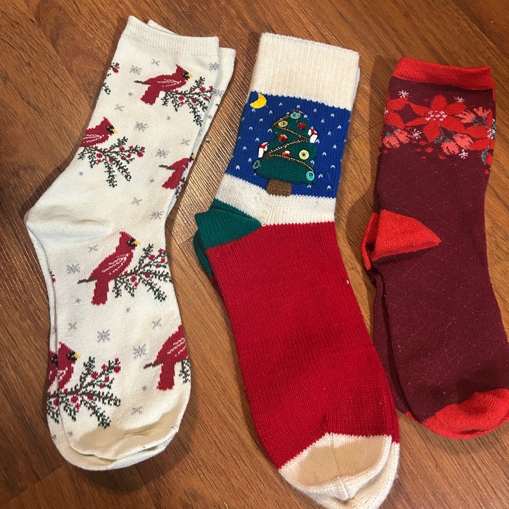 3 Pair Festive novelty Holiday Socks  - Cream, Red, and Blue